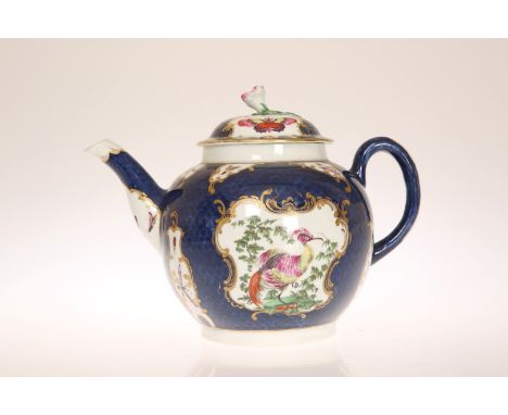 A WORCESTER PORCELAIN BLUE SCALE GROUND TEAPOT, c. 1770, of globular form, painted with cartouches of exotic birds, the domed