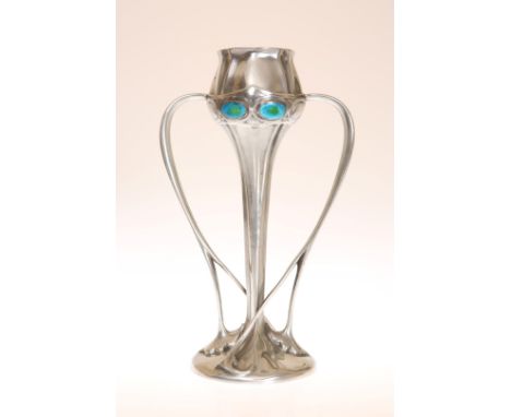 ARCHIBALD KNOX (1864-1933) FOR LIBERTY & COAN ENGLISH PEWTER AND ENAMEL TULIP VASE, NO. 029, the slender stem supporting a bu
