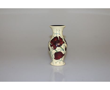 A MOORCROFT "CHOCOLATE COSMOS" VASE, first quality. 13cm