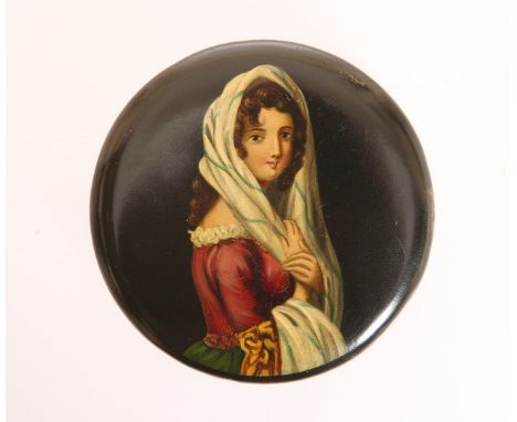 A MID-19th CENTURY PAPIER-MACHE SNUFF BOX, of circular form, the cover painted with a young girl wearing a shawl. Diameter 8.