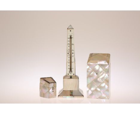 A COLLECTION OF VICTORIAN MOTHER-OF-PEARL OBJECTS, comprising obelisk thermometer, etui and a small jewel box. (3) Thermomete