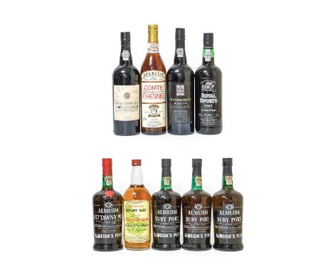 Mount Gay Fine Old Liqueur Rum, 26 fluid ounces (one bottle), Almeida 1967 Tawny Port (one bottle), Almeida Ruby Port (three 