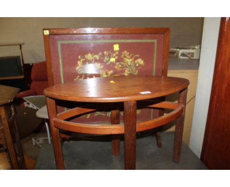 AN OCCASIONAL TABLE TOGETHER WITH AN OAK FRAMED TAPESTRY 