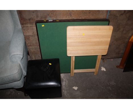 A FOLD OVER CARD TABLE, FOOTSTOOL, ETC