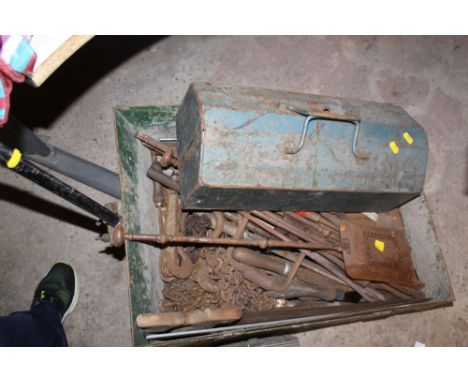 A GARDEN BARROW TOGETHER WITH A QUANTITY OF TOOLS, ETC 