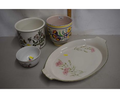 Mixed Lot: Poole Pottery jardiniere, a Portmeirion Botanic Garden jardiniere, a further meat plate and small Worcester servin
