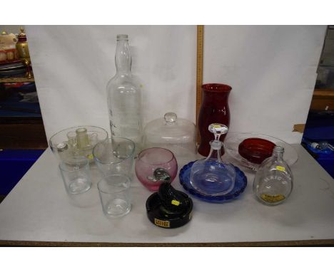 Mixed Lot: Various glass wares to include a large Bells Scotch Whisky bottle plus various bowls, cake cover etc