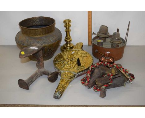 Mixed Lot: Brass bellows, vintage oil lamp, jardiniere etc