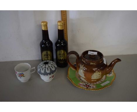 Mixed Lot: A Royal Doulton stone ware teapot, a Chamberlins Worcester plate, commemorative bottles of 1945 ale and other item