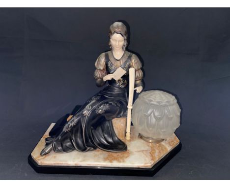 Ugo Cipriani (1887-1960) Chryselephanitne Art Deco lamp base, Figure of seated lady with a letter, and silver painted dress o