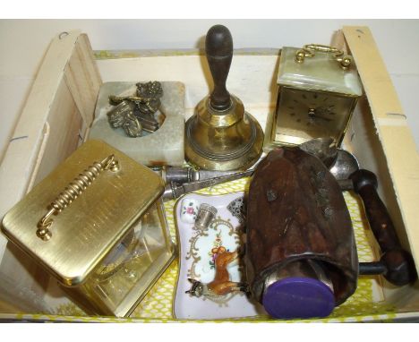 Beltime quartz carriage clock, carved wooden mug, brass and quartz carriage clock, brass bell, pair of silver plated serving 