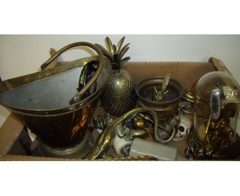 Box of assorted brass ware including a brass pineapple, lizard, fox door knocker, various ornaments, torsion clock, small bra