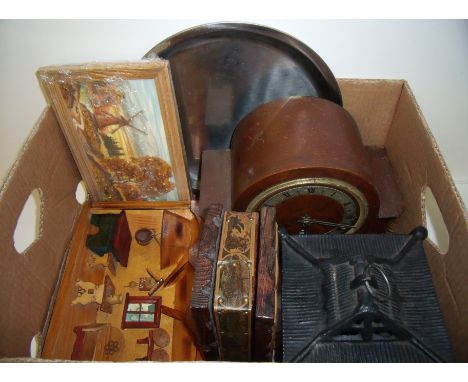 Oak cased Westminster chime mantel clock, oak box with leatherette top and border, cast iron lantern, two pictures the trees 