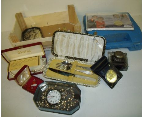 Cased set of Boules, stop watch, two commemorative coins, Rosita simulated pearl necklace retailed by Walker & Hall etc.