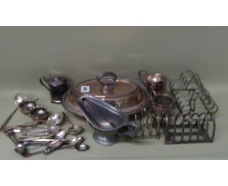 A quantity of silver plated items including toast racks, flatware etc. 