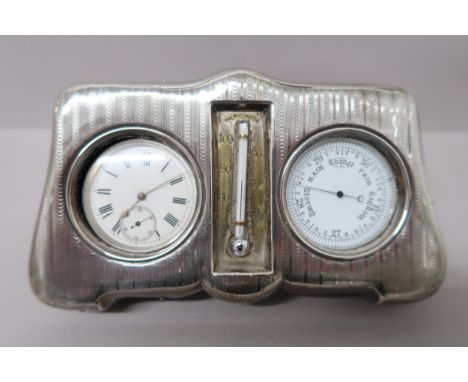 A silver hallmarked desk clock, thermometer, mercury and barometer all held in silver desk stand - Mappin &amp; Webb Birmingh