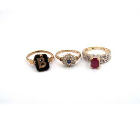 Three rings to include: a 9ct gold sapphire and white stone cluster ring weight 1.78 grams, size K1/2; a 14ct gold octagonal 