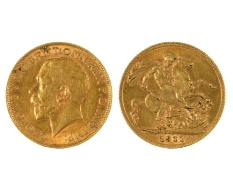 GOLD COIN. SOVEREIGN, 1911, 8G++LIGHT WEAR AND SCRATCHES CONSISTENT WITH AGE