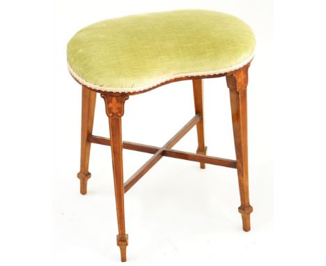AN EDWARDIAN INLAID MAHOGANY KIDNEY SHAPED STOOL ON SQUARE TAPERING LEGS, 55CM H