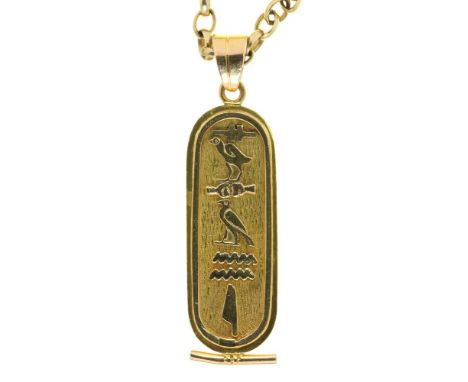 TWO GOLD CHAINS, MARKED 9CT, AND AN EGYPTIAN GOLD HIEROGLYPIC PENDANT, 31.5G++IN GOOD CONDITION, WITH LIGHT WEAR CONSISTENT W