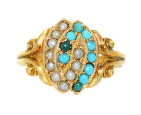 A TURQUOISE AND SEED PEARL CABOCHON RING, IN 15CT GOLD, BIRMINGHAM 1922, 2G, SIZE L++IN GOOD CONDITION, WITH LIGHT WEAR CONSI