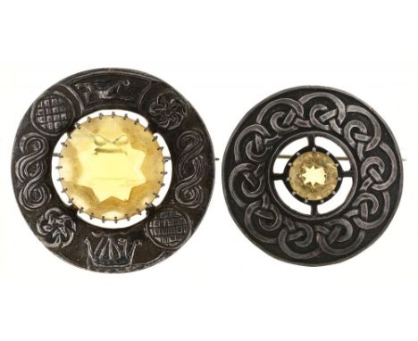 TWO SILVER KILT PINS, EACH SET WITH A CENTRAL CITRINE, 45G++IN GOOD CONDITION, WITH LIGHT WEAR &amp; TARNISH CONSISTENT WITH 