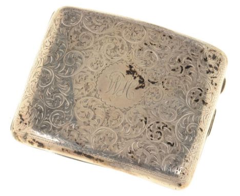 A GEORGE V SILVER CIGARETTE CASE, 10 CM W, BIRMINGHAM 1926, 4OZS++TARNISHED. MINOR DENT TO REVERSE