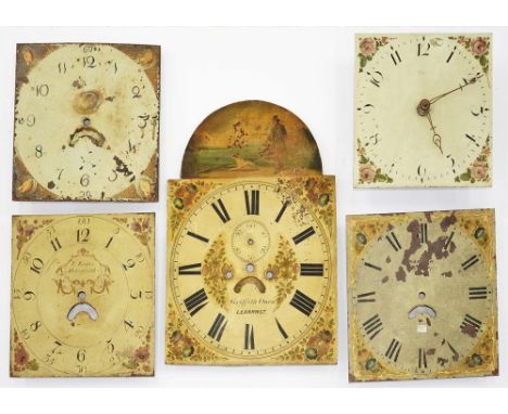 CLOCKS. A PAINTED ARCH TOP LONGCASE CLOCK DIAL, INSCRIBED GRIFFITH OWEN LLANRWST, 51 X 36CM AND FOUR OTHERS, EARLY 19TH C AND