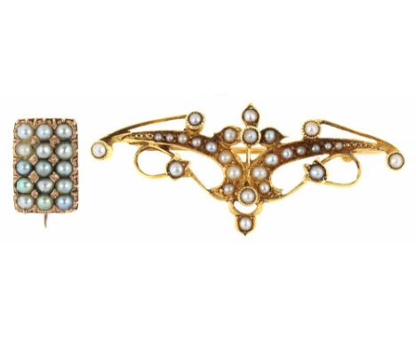 TWO VICTORIAN GOLD AND SEED PEARL BROOCHES, THE LARGER MARKED 15CT, THE SMALLER UNMARKED, 5.5G++LIGHT WEAR CONSISTENT WITH AG