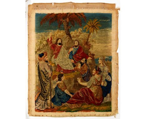 A VICTORIAN BERLIN WOOLWORK FIRESCREEN PANEL OF CHRIST PREACHING, 58 X 55CM EXCLUDING SELVIDGE, UNMOUNTED, UNFRAMED 