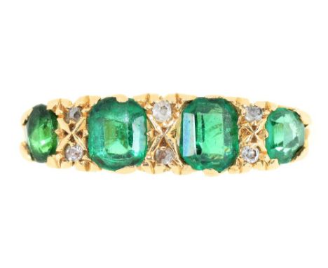 AN EMERALD AND DIAMOND RING, IN 18CT GOLD, CHESTER 1943, 2.5G, SIZE R++SCRATCHES AND WEAR CONSISTENT WITH AGE, VIEWED UNDER M