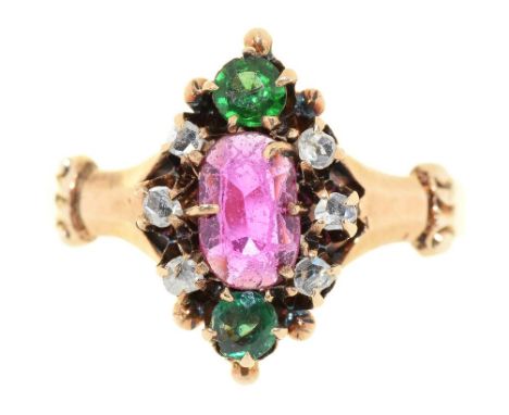 A VICTORIAN RUBY, GREEN GARNET AND ROSE CUT DIAMOND RING, IN GOLD, 2G, SIZE M++CLAWS WORN, SOME STONES HAVE MINOR NIBBLES TO 