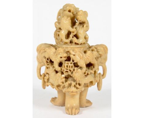 A CHINESE CARVED SOAPSTONE TRIPOD CENSER AND COVER, WITH RING HANDLES, 26CM H, EARLY 20TH C