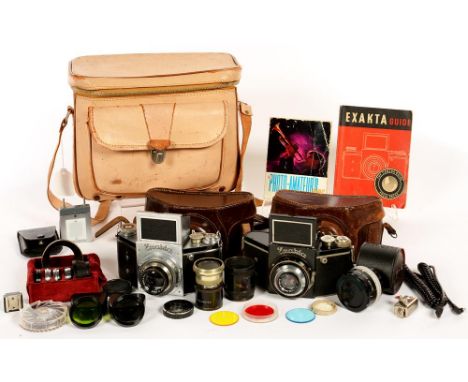 AN IHAGEE EXAKTA CAMERA WITH ZEISS TESSAR F3.5 7.5CM LENS, ANOTHER WITH ZEISS TESSAR F2.8 7.5CM LENS, BOTH IN LEATHER EVEREAD