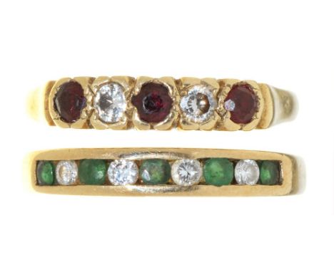 TWO RINGS, COMPRISING AN EMERALD AND DIAMOND RING IN 9CT GOLD, SIZE P, AND A GARNET AND DIAMOND RING IN 9CT GOLD, SIZE O, 4G+