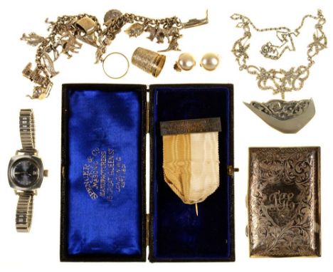 A JENNY AUTOMATIC CARIBBEAN 100 METRES WRISTWATCH, A CEARD CORAL MODERNIST PEWTER BROOCH, A SILVER CHARM BRACELET, A FOLIATE 