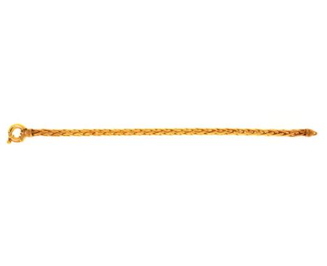 A 9CT GOLD WOVEN BRACELET, 10G++IN GOOD CONDITION, WITH LIGHT WEAR CONSISTENT WITH AGE
