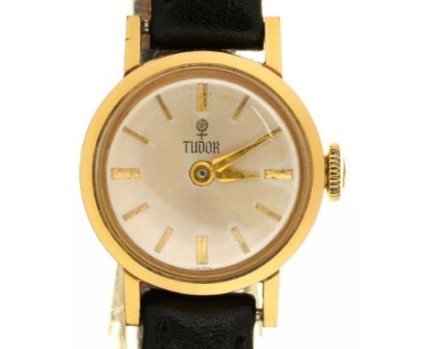 A ROLEX TUDOR GOLD PLATED LADY'S WRISTWATCH, LEATHER STRAP, CASED++LIGHT WEAR AND SCRATCHES CONSISTENT WITH AGE, SCRATCHES TO
