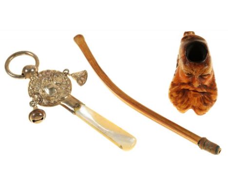 A SILVER BABY'S RATTLE, BIRMINGHAM 1921, AND A MEERSCHAUM PIPE++MEERSCHAUM PIPE DAMAGED, RATTLE HAS LIGHT TARNISH AND WEAR CO