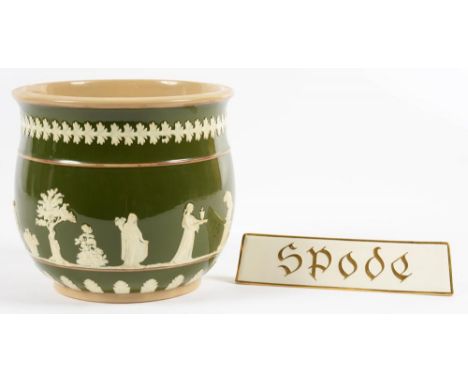 A COPELAND BUFF EARTHENWARE CACHE POT, COVERED IN DARK GREEN SLIP AND SPRIGGED WITH MUSES, 17.5CM H, PRINTED MARK, C1900 AND 