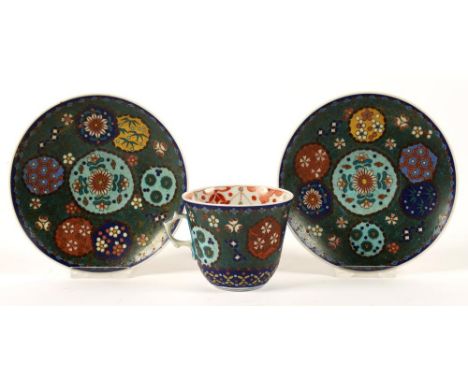A JAPANESE PORCELAIN CLOISONNÈ DECORATED CUP AND PAIR OF SAUCERS, SAUCER 12.5CM D, UNDERGLAZE BLUE PAINTED MARK NIHON SETO, F