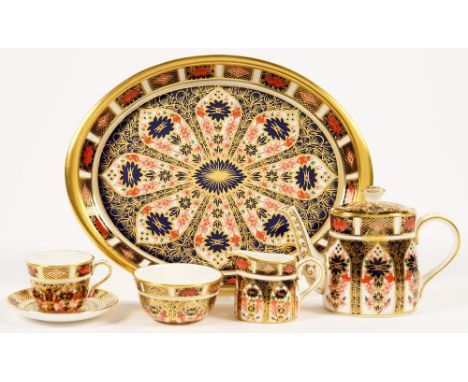 A ROYAL CROWN DERBY MINIATURE IMARI PATTERN TEA SERVICE, TO INCLUDE OVAL TRAY 19CM L, PRINTED MARK, LATE 20TH C