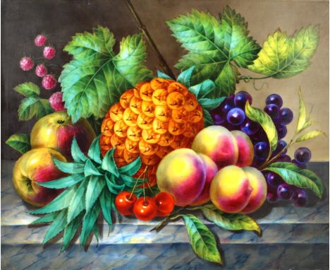 A Royal Worcester hand painted wall plaque
Decorated with fruit, unsigned and unmarked, 22x26cm, unframed.