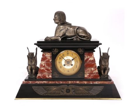 A LATE 19TH CENTURY FRENCH EGYPTIAN REVIVAL POLISHED BELGIUM SLATE AND ROUGE MARBLE MANTEL CLOCK the gilt Arabic chapter ring