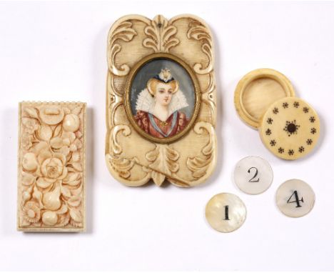 A 19TH CENTURY CARVED IVORY SLIDING MIRROR  inset with a miniature portrait, signed Bezthi ?, overall 7cm x 4.5cm together wi