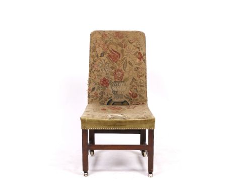 A GEORGIAN MAHOGANY SIDE CHAIR with floral needlework covered back and seat and standing on square legs, united by stretchers