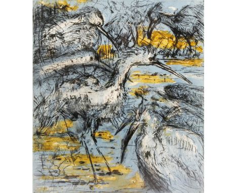 MRT (MID 20TH CENTURY SCHOOL) 'Cranes', coloured lithograph, signed with initials in pencil and numbered 13/20 in the margin,