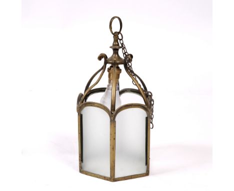 A SMALL BRASS HEXAGONAL HALL LANTERN 16.5cm wide x 35cm high