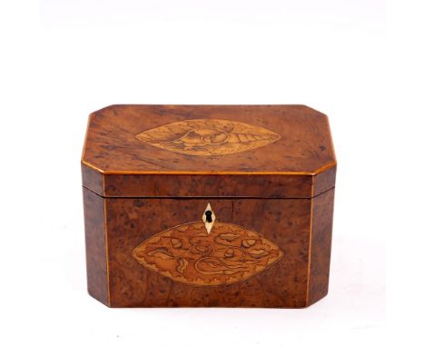 A GEORGE III BURR YEW WOOD VENEERED TEA CADDY with decorative oak branch and shell inlay to the lid and front and boxwood str