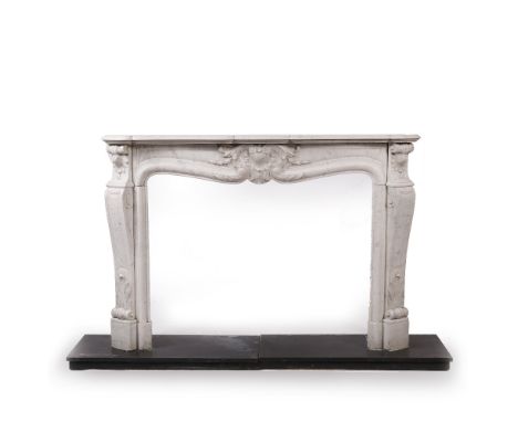 A 19TH CENTURY LOUIS XV STYLE CARRARA MARBLE FIREPLACE with serpentine mounted mantle shelf, scrolling pilaster columns, appr